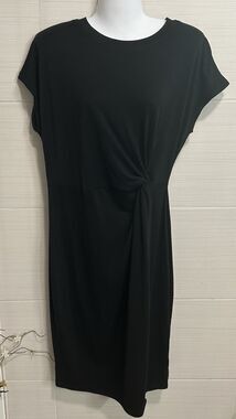 Black Jersey Knit Twist Front Cap Sleeve Knee Length Dress L, Casual Comfort